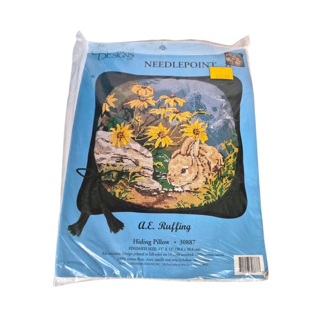 Candamar Designs Vintage Needlepoint Pillow Kit Open Complete Bunny Sunflowers